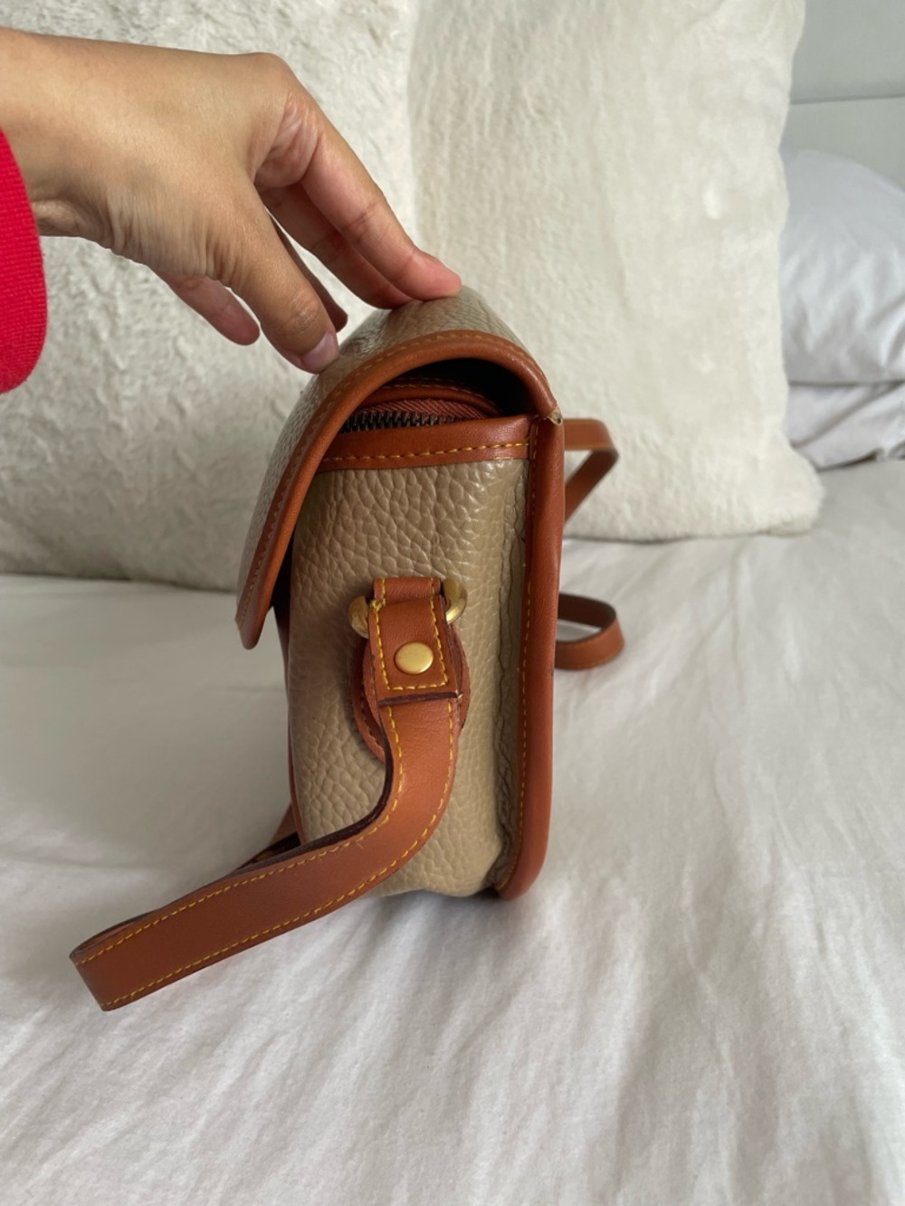 Dooney & Bourke Vintage Crossbody Saddle Bag in Taupe and Cognac - Picture 6 of 9